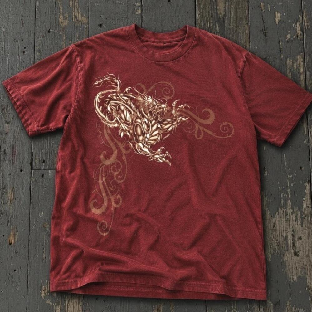 Antique Cherry Red Dragon Graphic Tee With Gold Dragon With Swirling Flourishes